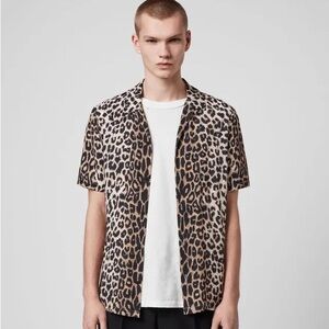 Mens Allsaint Leopard Print Short Sleeve Button Up Shirt